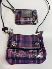 Y2K Coach Bags Poppy Plaid Purple Pink Wristlet Pouch Wallet Shoulder Crossbody