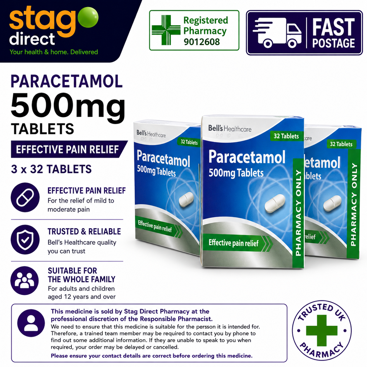 32 Paracetamol tablets for Headache, Migraine, Back Pain 500mg BELLS