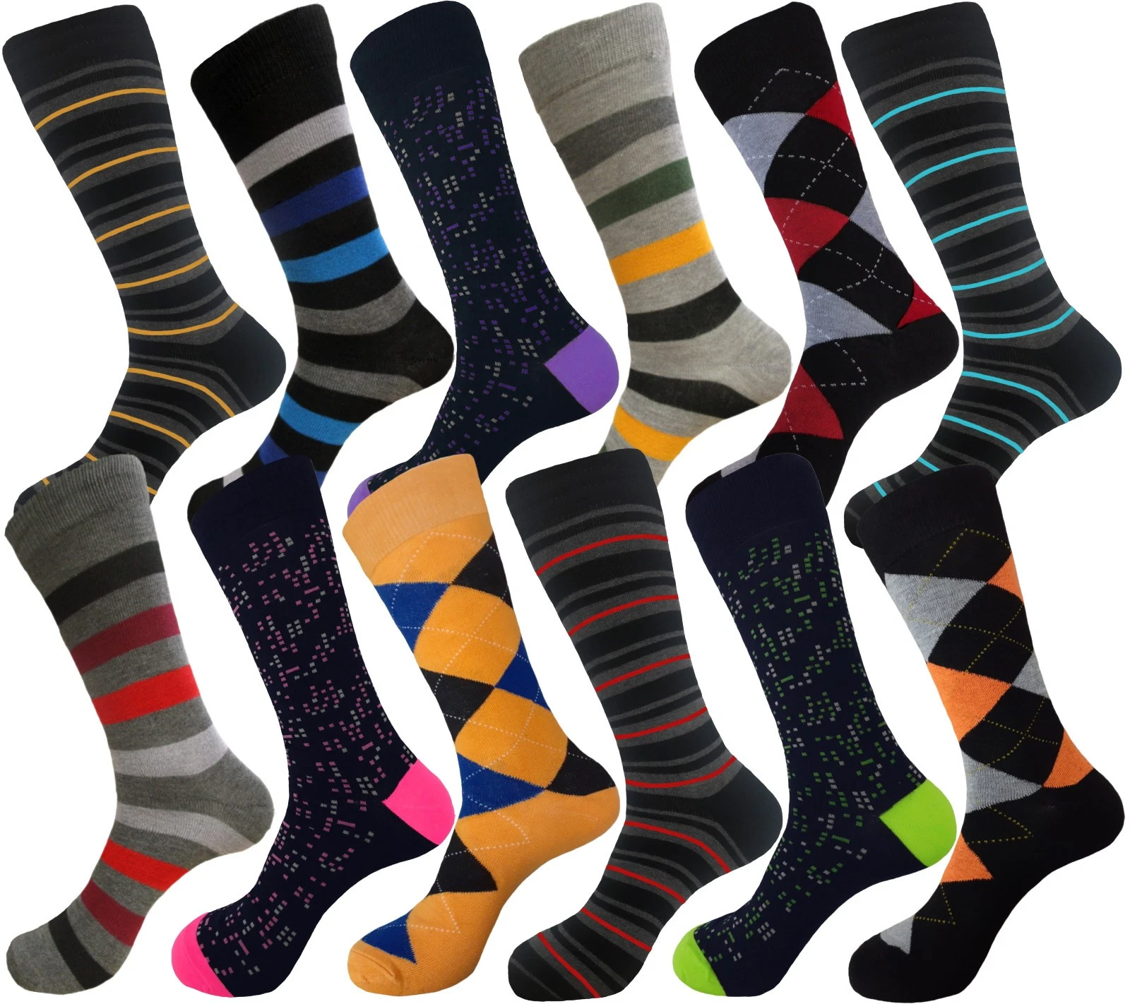 12 Pair Dress Socks POLKA DOT STRIPED DIAMOND ARGYLE Cotton Socks 10-13