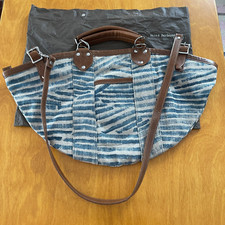Mina Perhonen Canvas Handbag Green Brown Leather Convertible Shoulder Strap