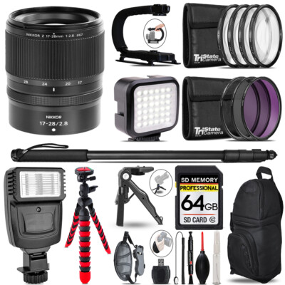 Nikon NIKKOR Z 17-28mm f/2.8  Lens - Video Kit +Slave Flash +Monopad - 64GB Kit
