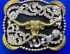 Western Bull Longhorn Belt Buckle With Rhinestone Accents