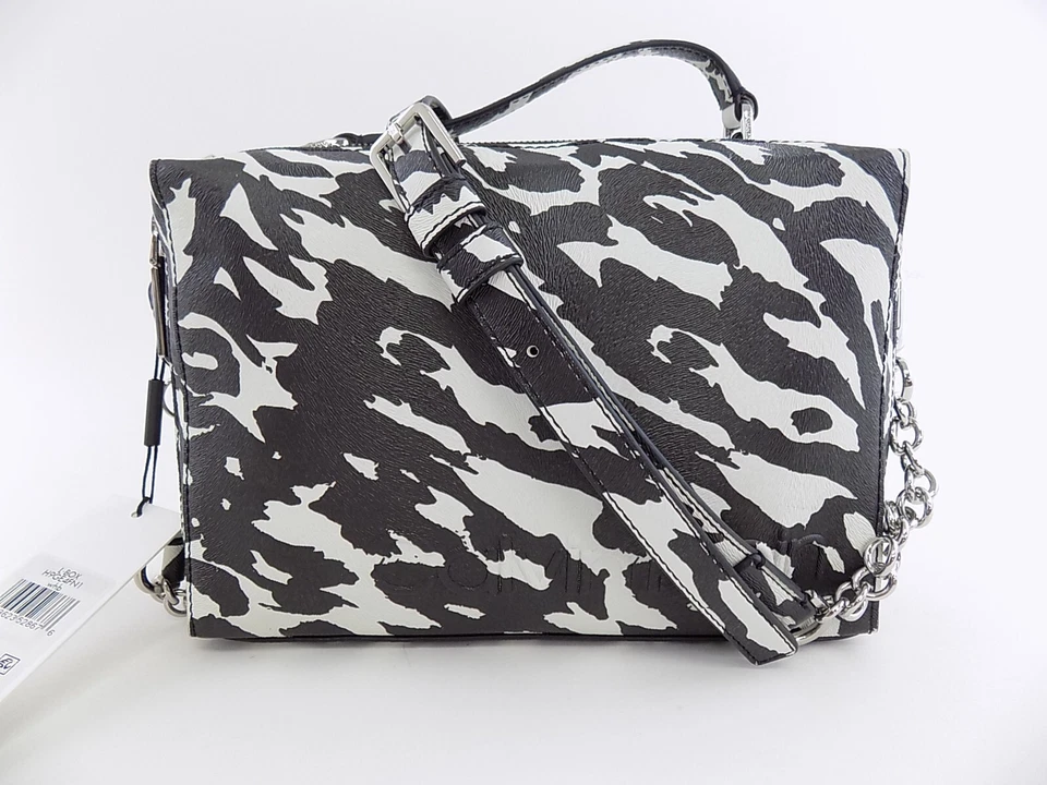 Bolso Bandolera Saffiano Calvin Klein Caja Cebra Cubo Cremallera Alrededor Negro Blanco