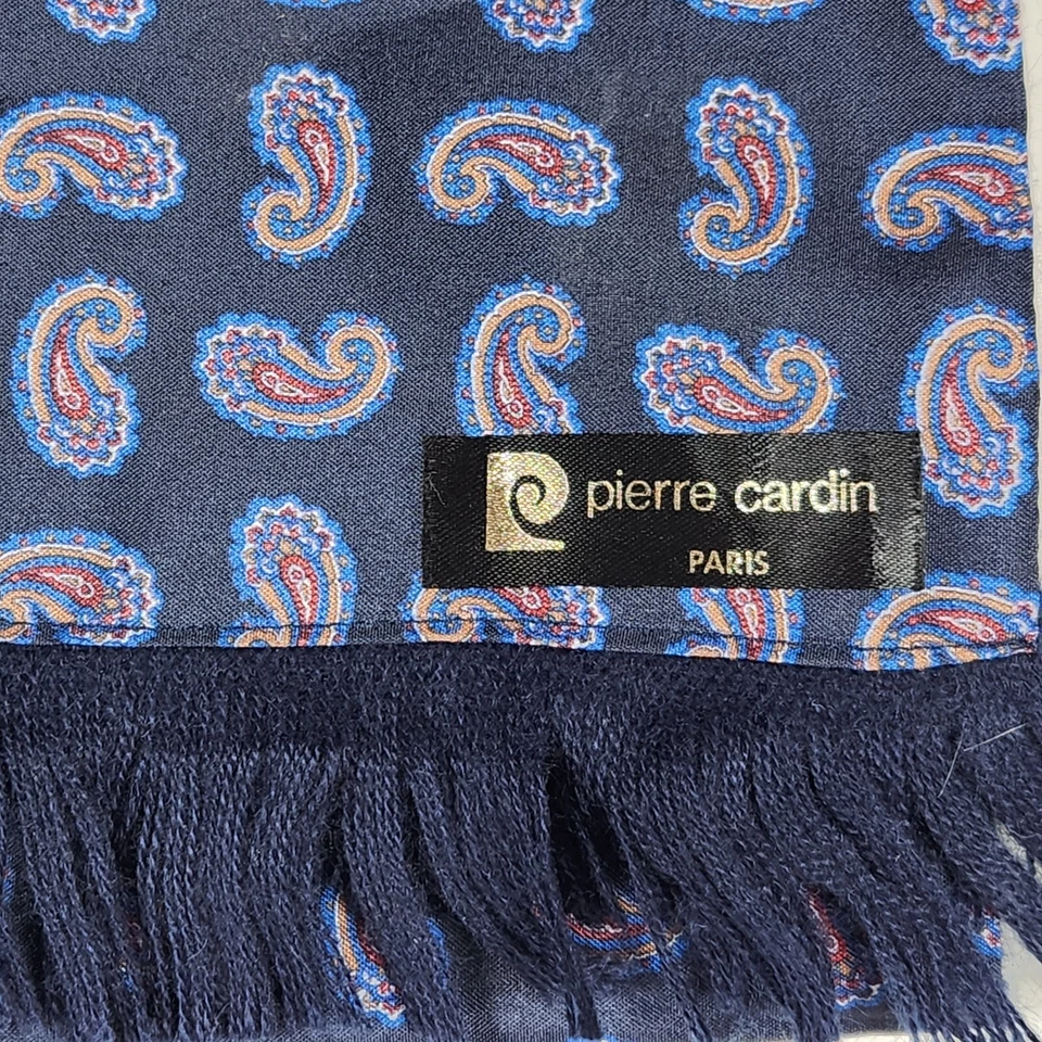 Cachecol masculino Pierre Cardin azul marinho estampado lã de seda extremidades com franjas 11 x 50 - Imagem 2 de 4