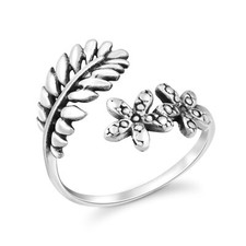 Nature Statement Leaf Branch  Flowers Boho Sterling Silver Adjustable Ring