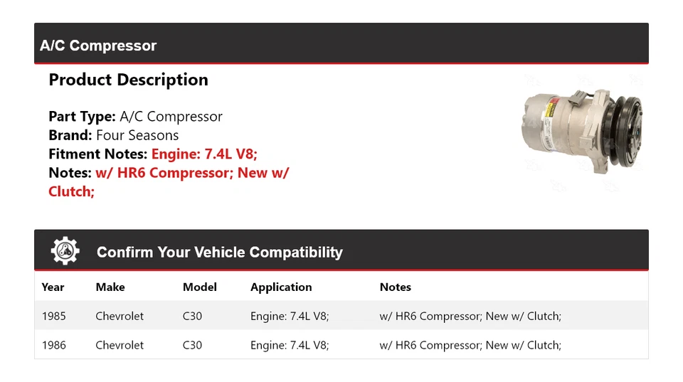 Compresor de aire acondicionado V8 de 7,4 L para Chevrolet C30 1985-1986 4 estaciones Foto 2 de 4