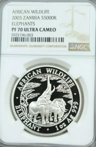 2003 ZAMBIA SILVER 5000 KWACHA AFRICAN WILDLIFE ELEPHANTS NGC PF 70 ULTRA CAMEO