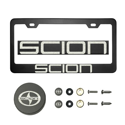 Fit Scion T304 Laser Etching SS Polish Black License Plate Frame w/Metal Cap