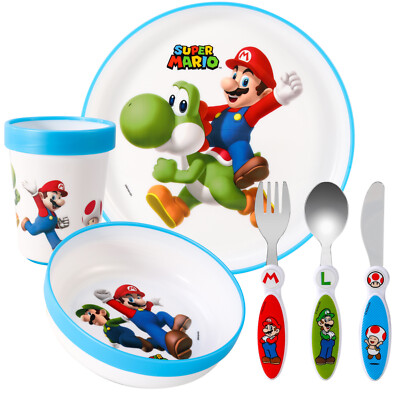 Super Mario Kinder 6 teiliges Geschirr Besteck Set Teller/Schale/Tasse/Messer/Gabel/Löffel
