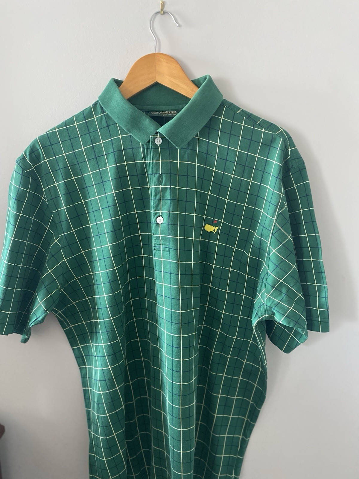 Vintage Amen Corner Masters Men’s Polo Shirt Green White Blue Check Golf Large