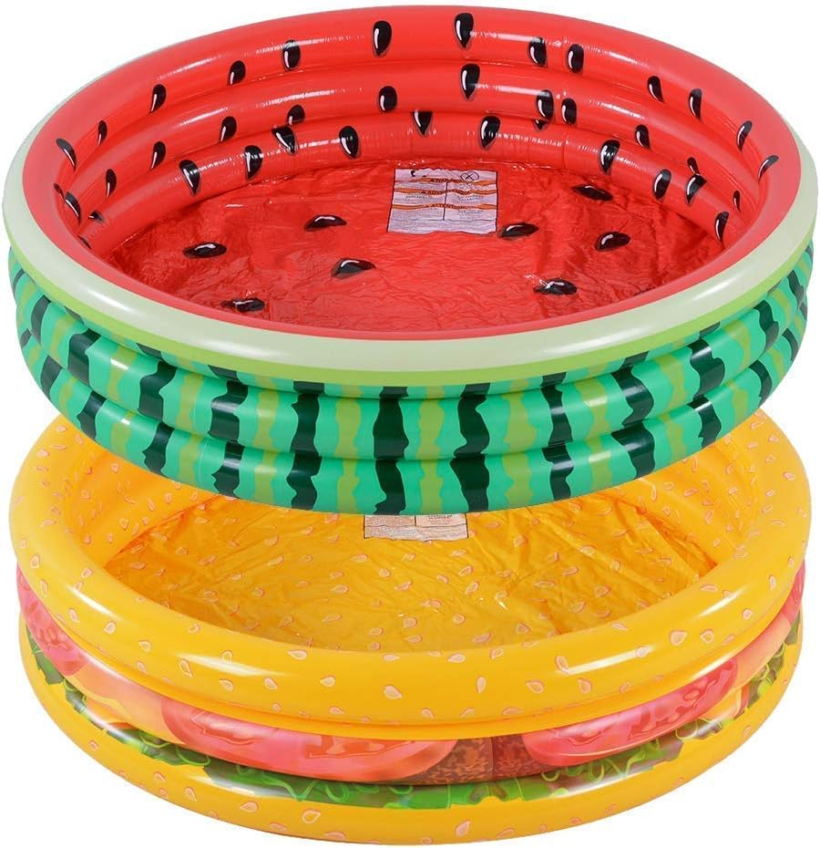 Colorful Inflatable Kiddie Pool with Watermelon and Hamburger 3 Ring Design for Fun Outdoor Play