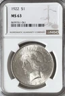 1922 Peace US Silver Dollar MS63 NGC Brown Label 0.900 Fine American Coin #061