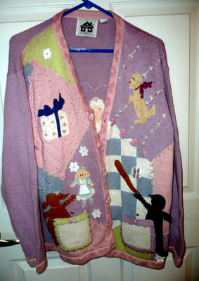 VTG STORYBOOK KNITS CARDIGAN SWEATER FAMILY GRAFICS HOME SHOPPING NET WORK