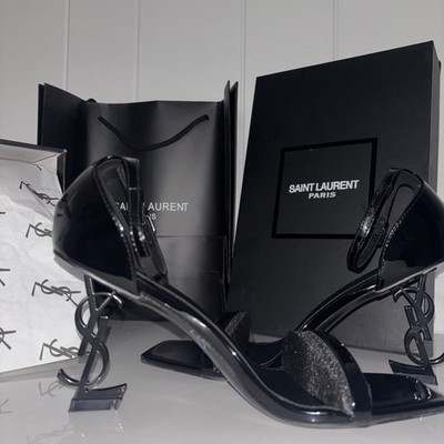 Saint Laurent Opyum Black Patent Leather Black YSL Logo Heel Sandals Pump 38
