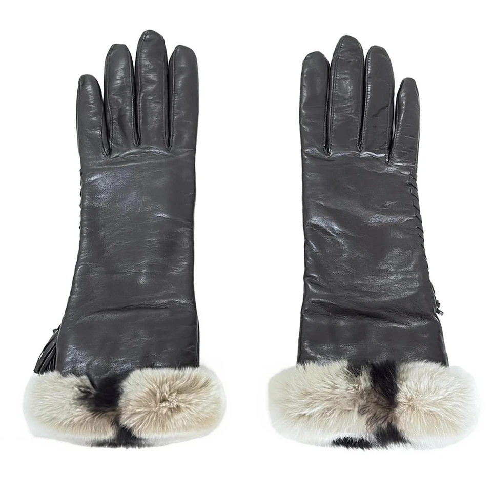 Auth Gloves - Black Light gray Leather Fur Women's - Image 2 of 4