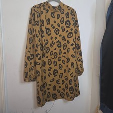 Who What Wear Leopard Print Tie Neck Long Sleeve Shift Dress Mustard Black Med