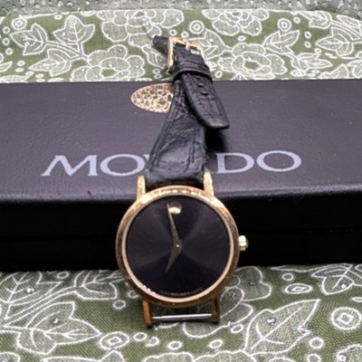 Movado Museum Quartz Black Dial Gold Plated Case Leather Band Box & Manual