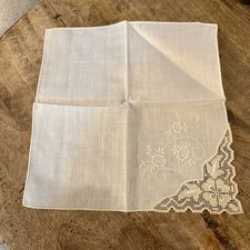 Vtg Handkerchief Ivory with Embroidery  Lace Corner 9  Wedding Bridal