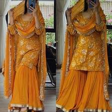 New Function Wear Yellow Nature Crepe Palazzo Suit With Dupatta For Women