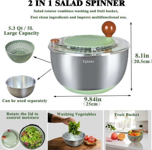 5.3Qt Stainless Steel Salad Spinner With Stop Button, Vegetable Dryer Spinner, - Picture 3 of 12