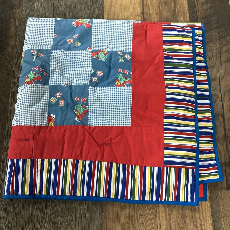 Edredón de bebé vintage hecho a mano Elmo Sesame Street colorblock retazos punto de cruz Foto 3 de 4