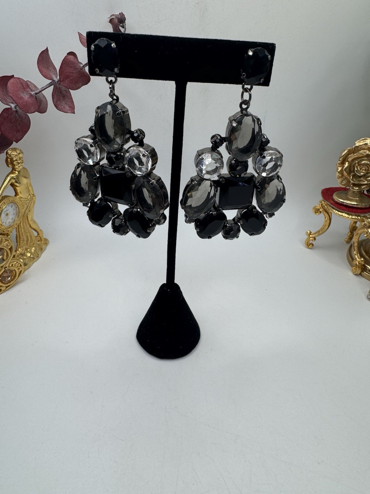 Statement Long Dangle Pierced Earrings Black- Smo… - image 2