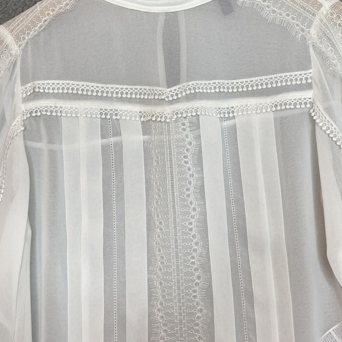 Victorian Prairie Romantic High Collar Sheer Lace Pintuck LS White