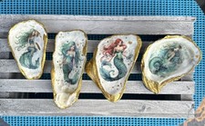 Handcrafted Decoupage Mermaid Oyster Shells Set Of 4 Decor, Trinket Dishes SET 3