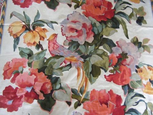 Antique 19C beautiful French exotic printed botanical w birds fabric satin mate - Picture 11 of 11