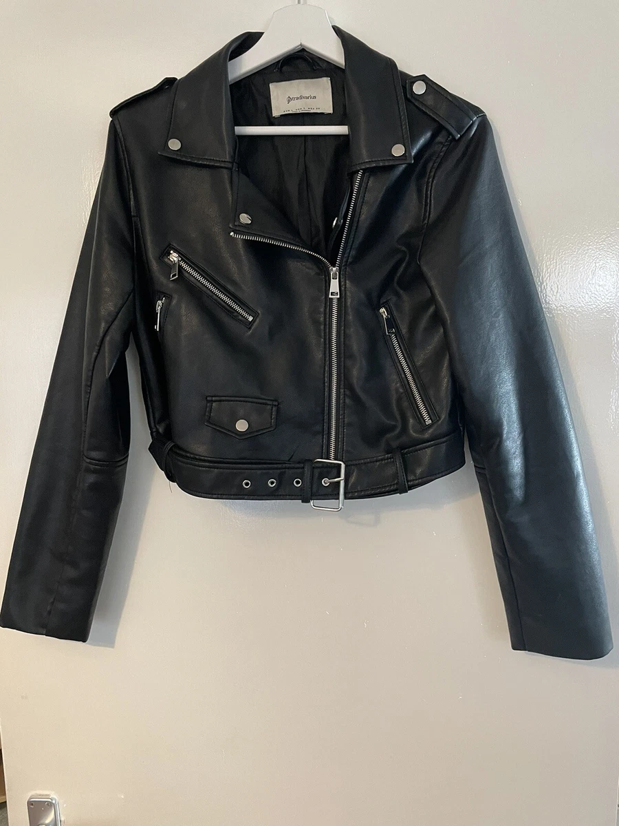 Stradivarius faux leather biker jacket in black usa L uk 8 10 eBay