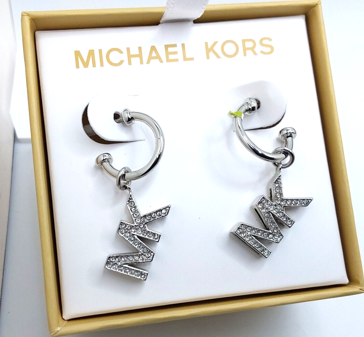 Michael Kors Silver Plated Crystal Paved Logo Dangle/Drop Earrings