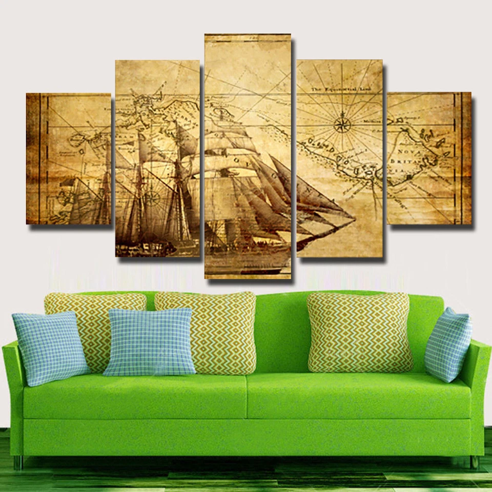 Nautical Chart Sea Sailboats Map Canvas Prints Painting Wall Art Home Decor 5PCS - Image 3 of 3
