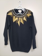 VTG Victoria Harbour Womens M Sweater Pullover Beaded Collar Ramie Cotton Black