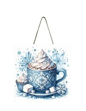 Snowflake Hot Cocoa Blue and White Christmas Ornament, Wood Mini Sign