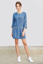 Forever 21 Blue Denim Chambray Shift Dress 3/4 Zip Sleeve Small S
