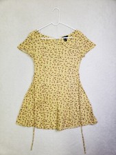 Forever 21 Women Dress Medium Yellow Floral 100% Rayon Short Sleeve Waist Tie