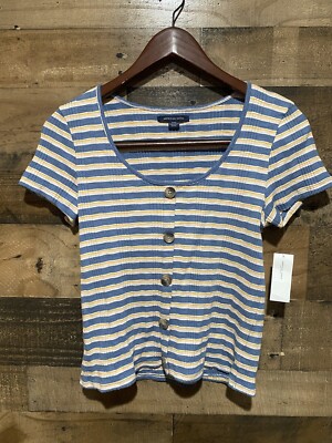 AEO Medium Blue Stripe NWT Yellow Crop Shirt Womens