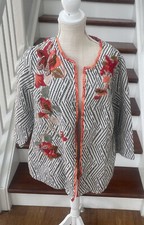 Chico's Size 2 Fall Embroidered Open Front Jacket 3/4 Sleeves Gorgeous