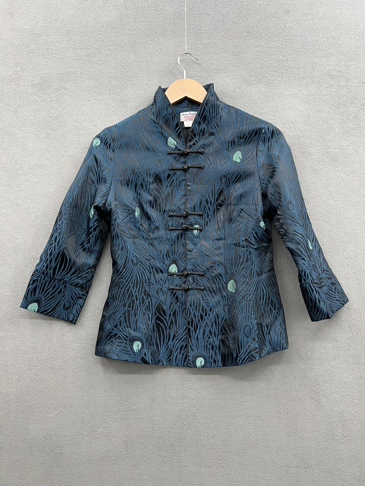 Asian Trends Women's Small Jacket Blazer 100% Silk Black Blue Peacock Design