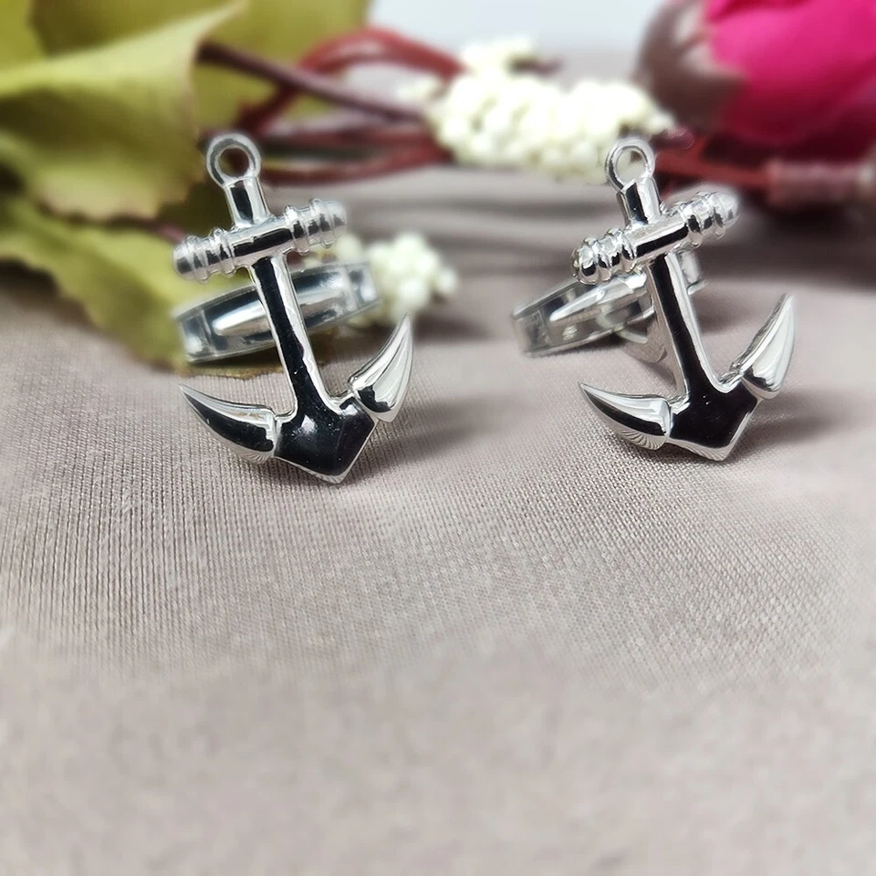 Gemelos de boda de plata de ley 925 con ancla de alto pulido para hombre 1 par para regalo Foto 3 de 4