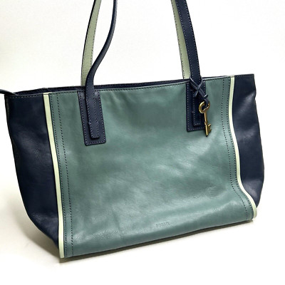 *FOSSIL The Emma Green/Blue Color Block Leather Tote Bag Front Pocket Zip Top