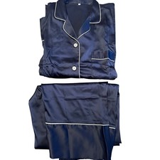 Women 2 Piece Lapel Satin Silk Pyjama Set LS Trousers Shirt Nightwear Navy Blue