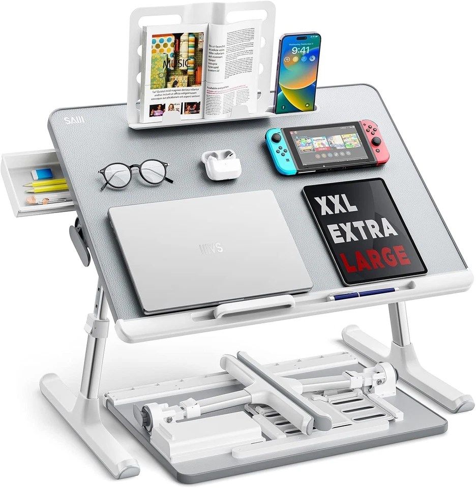 Premium Adjustable Lapdesk with Storage Drawer & Book Stand - Light Gray 60x45cm - Image 3 of 4