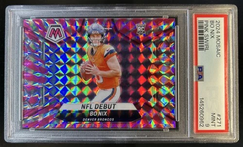 2024 Panini Mosaic Bo Nix Pink Swirl Prizm RC NFL Debut #/13 Broncos PSA 9
