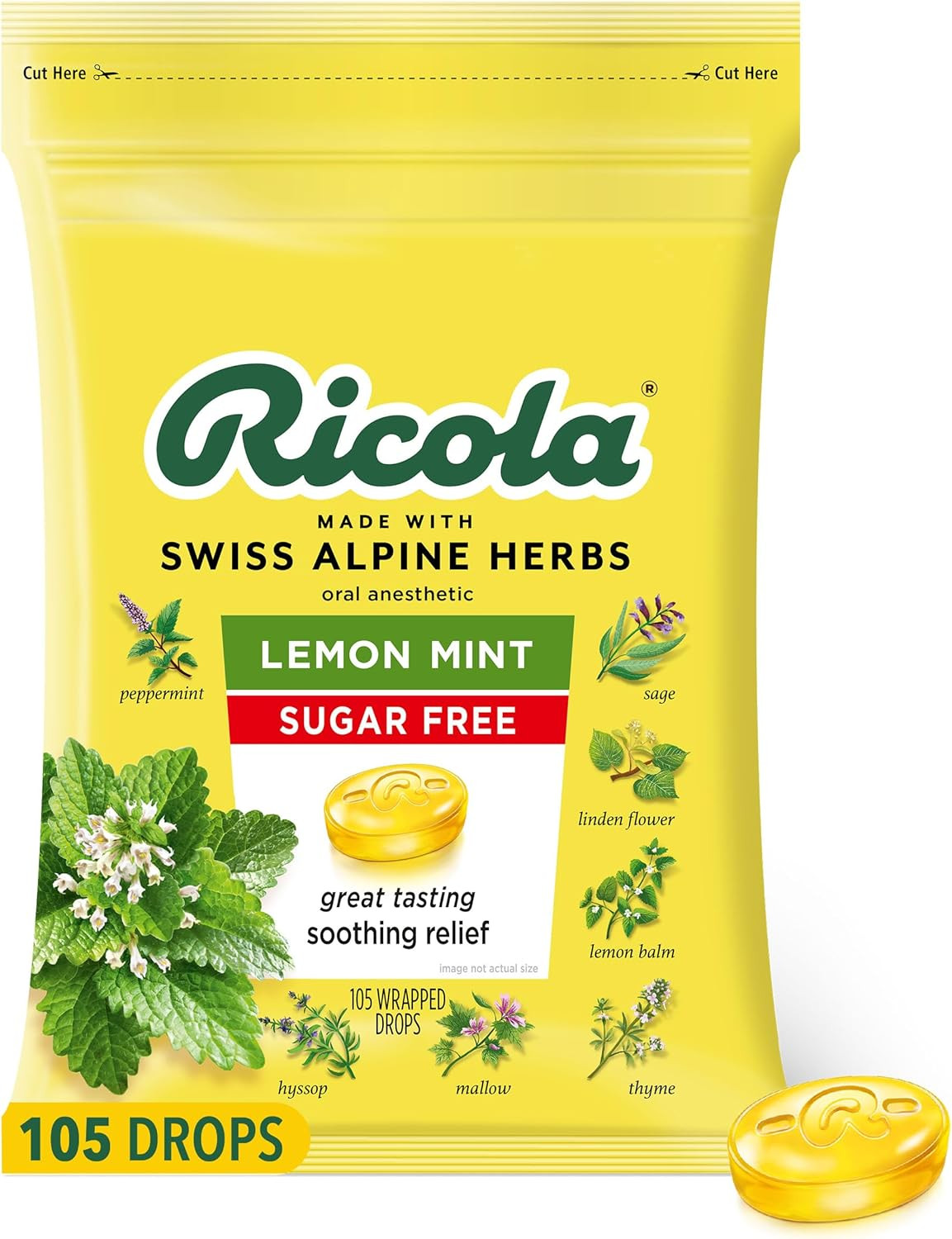 2 PACK - Ricola Sugar Free Lemon Mint Drops, 105 Count (Total 105) FREE SHIP!!