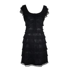 Tahari 10P Silk Ruffle Rosette Black Dress Cap Sleeve Cocktail Wedding Date