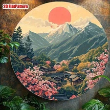 1pc Vintage Japanese-Inspired Cherry Blossom & Mountain Landscape Round Wall Art
