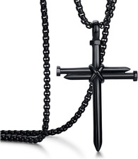 Men'S Stainless Steel Nail Cross Pendant Necklace with 24 Inch Chain Polished Bl