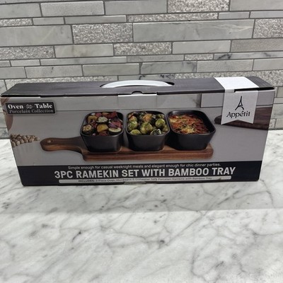 Appetit 3 pc Ramekin Set With Bamboo Tray Black Porcelain Oven to Table NEW     