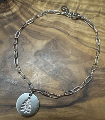 Pura Vida Silver Paperclip Chain Bracelet   Evergreen Tree Charm Adjustable